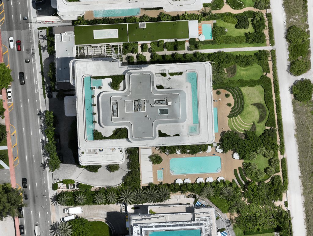 Scaled drone mapping orthomosaic of an oceanfront property in Miami Beach showing the complete site in one top-down image